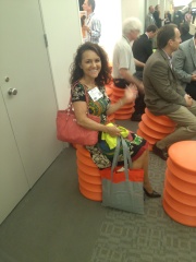 Jodie trying out a funky orange chair! 